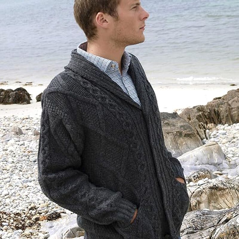 Men's Irish Aran Cable Knitted Button Cardigan - Charcoal